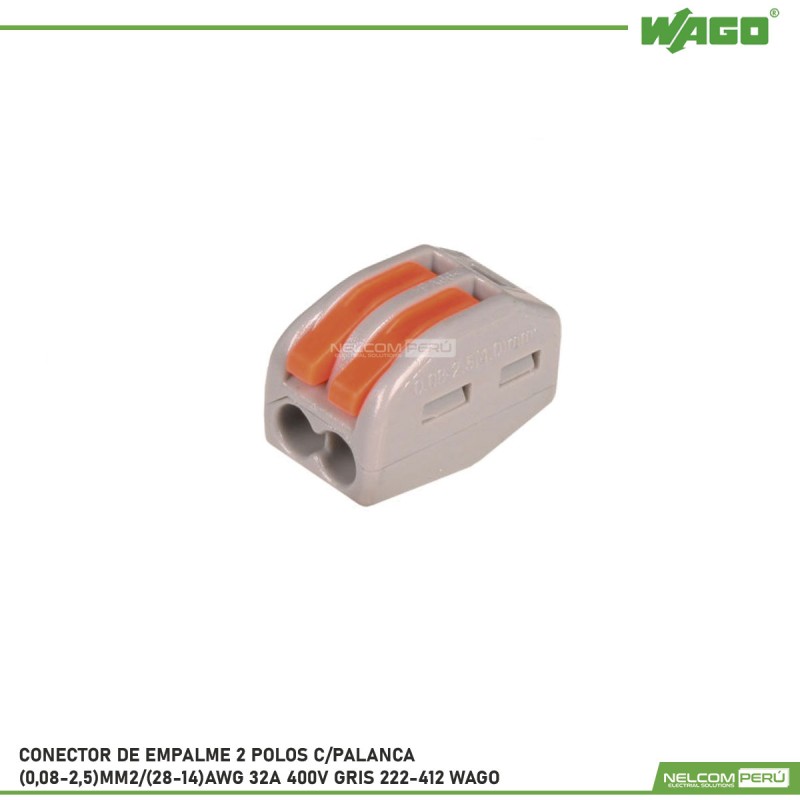 WAGO Conector empalme 2 polos c/palanca (0,08-2,5)mm2 / (28-14)AWG, 32A  400V gris